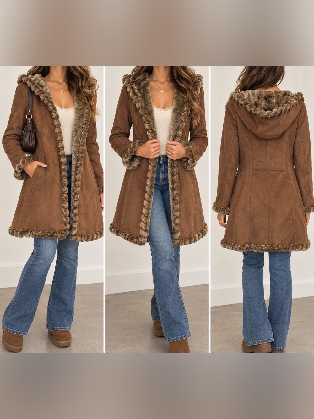 Jones New York Brown Faux Suede Faux Fur Hooded Penny Lane Coat Size S